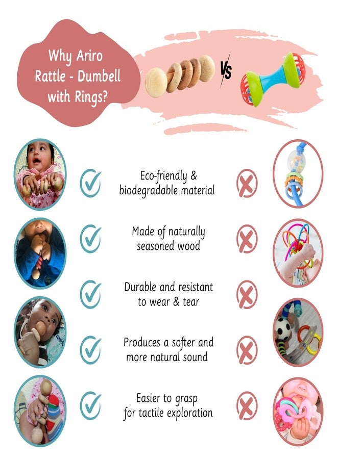 Ariro Toys Wooden Dumbbell with Rings - Perfect for Babies 1-6 Months | Safe | Smooth Teether & Toy for Newborns | Eco-Friendly | Anti-Bacterial | Handcrafted - Image 3